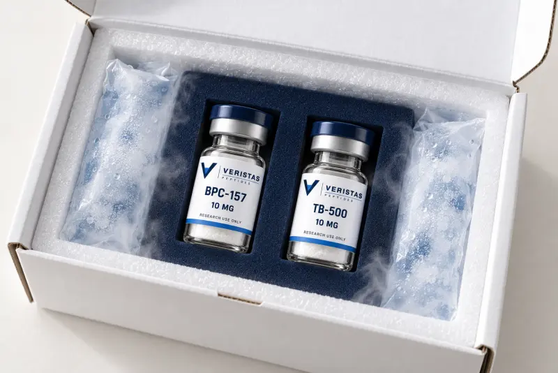 Insulated shipping box with cold packs and two research vials