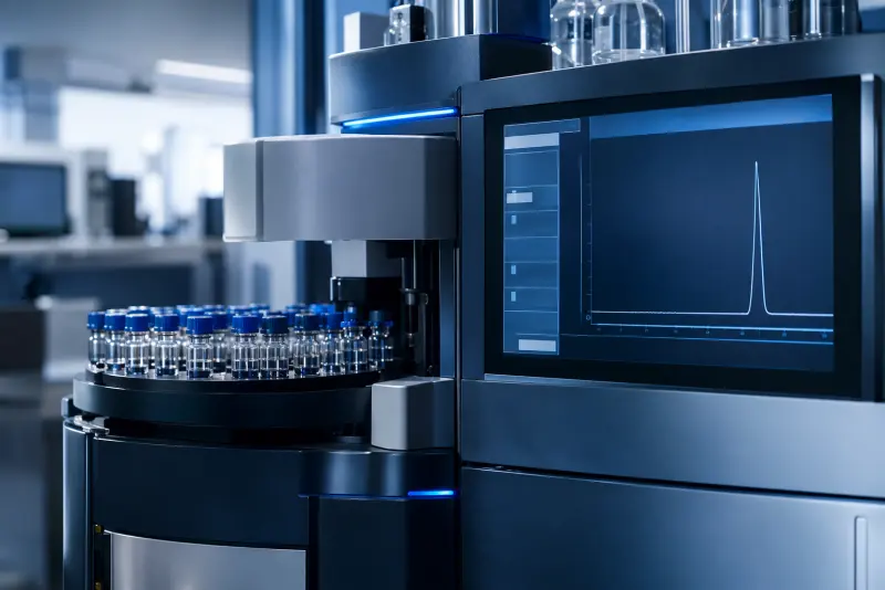 HPLC instrument showing a single purity peak